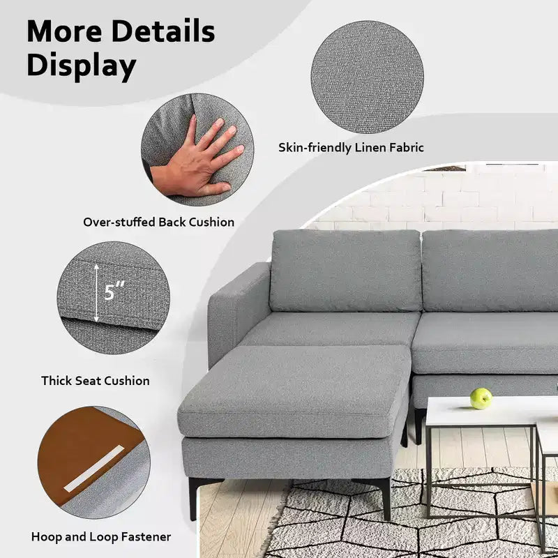 Divano componibile a L a 3 posti Costway con chaise longue reversibile e 2 porte USB
