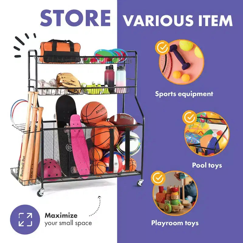 Portaoggetti per palloni da garage - Organizzatore per attrezzature sportive da garage per interni ed esterni con cestini, ruote girevoli e freni - Homeitusa