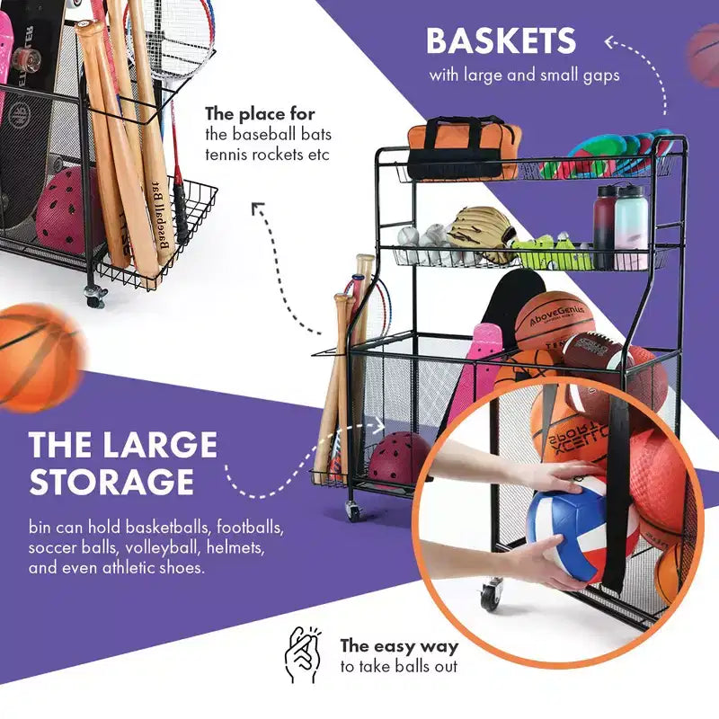 Portaoggetti per palloni da garage - Organizzatore per attrezzature sportive da garage per interni ed esterni con cestini, ruote girevoli e freni - Homeitusa