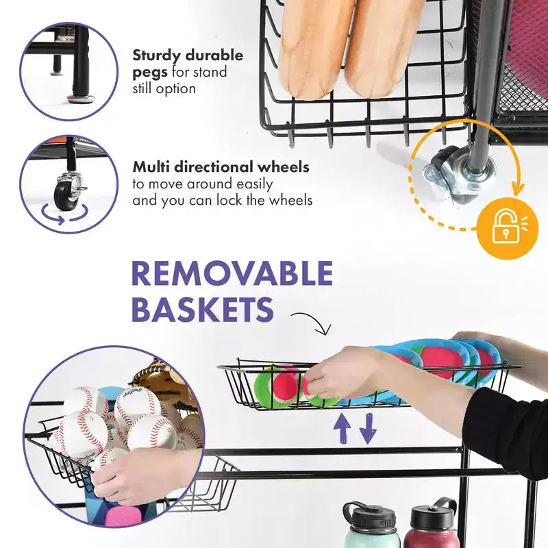 Portaoggetti per palloni da garage - Organizzatore per attrezzature sportive da garage per interni ed esterni con cestini, ruote girevoli e freni - Homeitusa