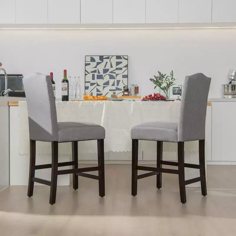 Costway Set di 2 Sgabelli da Bar Imbottiti Sedie Altezza Bancone 63,5 cm con Gambe in Legno di Gomma Grigio/Beige