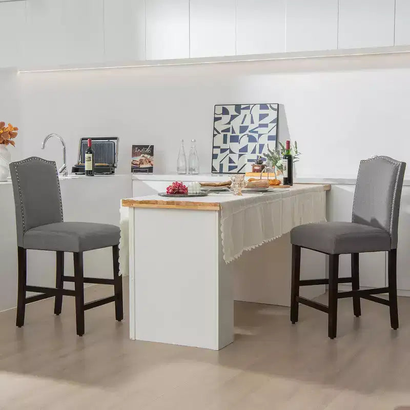 Costway Set di 2 Sgabelli da Bar Imbottiti Sedie Altezza Bancone 63,5 cm con Gambe in Legno di Gomma Grigio/Beige