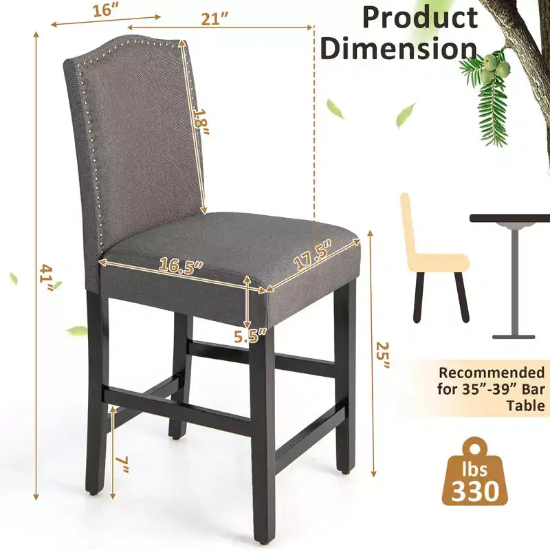 Costway Set di 2 Sgabelli da Bar Imbottiti Sedie Altezza Bancone 63,5 cm con Gambe in Legno di Gomma Grigio/Beige