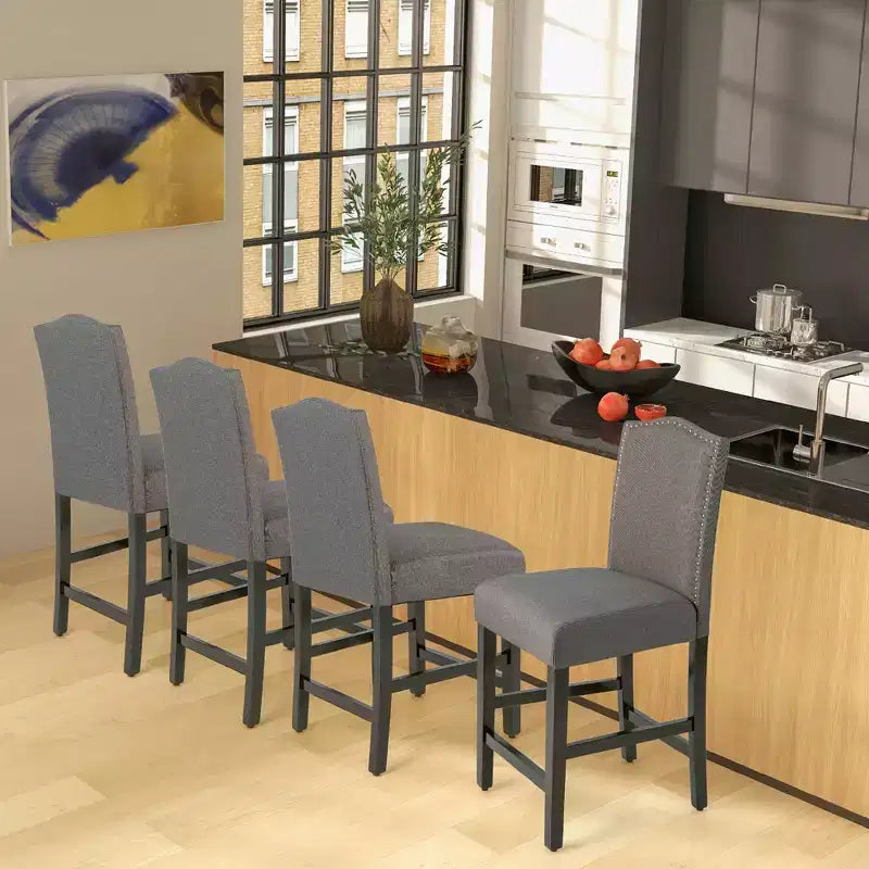 Costway Set di 2 Sgabelli da Bar Imbottiti Sedie Altezza Bancone 63,5 cm con Gambe in Legno di Gomma Grigio/Beige