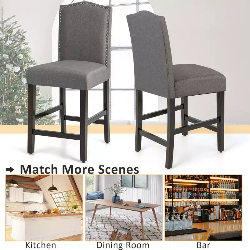 Costway Set di 2 Sgabelli da Bar Imbottiti Sedie Altezza Bancone 63,5 cm con Gambe in Legno di Gomma Grigio/Beige