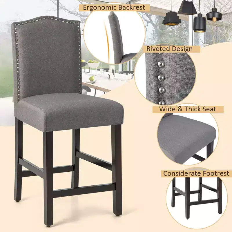 Costway Set di 2 Sgabelli da Bar Imbottiti Sedie Altezza Bancone 63,5 cm con Gambe in Legno di Gomma Grigio/Beige