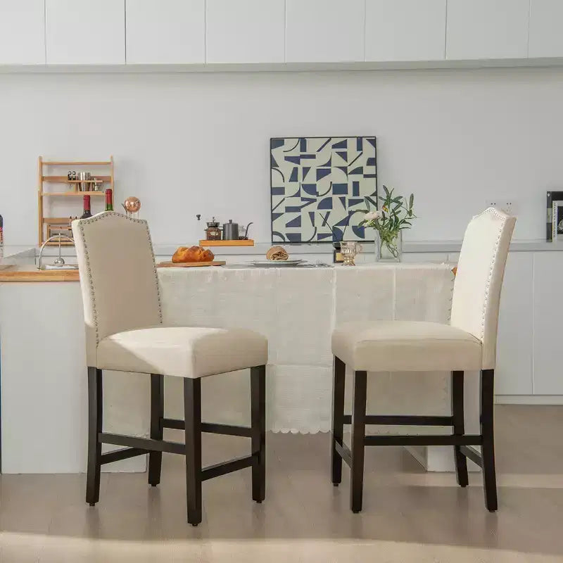 Costway Set di 2 Sgabelli da Bar Imbottiti Sedie Altezza Bancone 63,5 cm con Gambe in Legno di Gomma Grigio/Beige