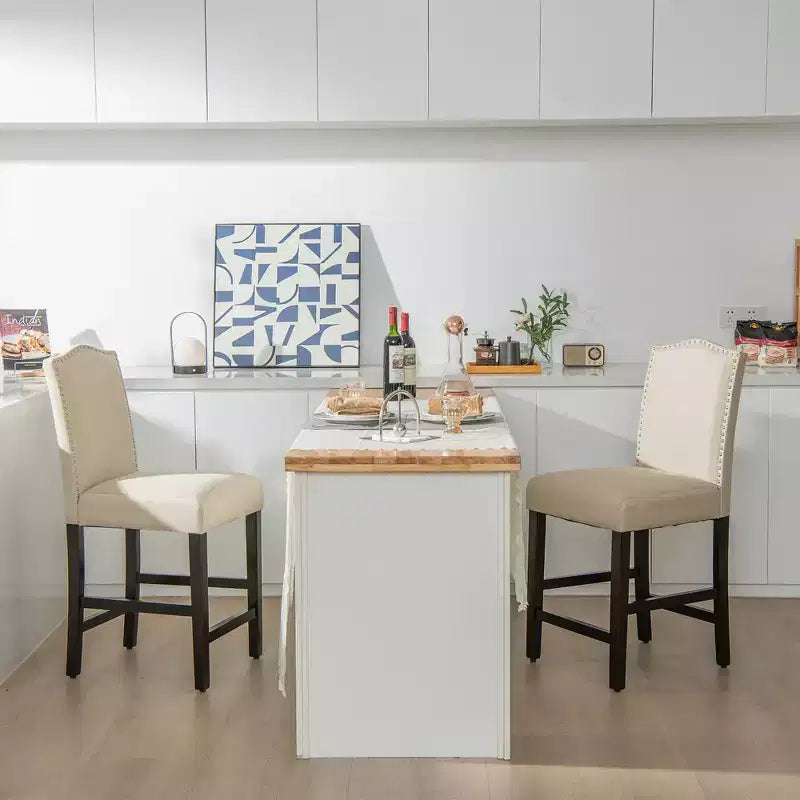 Costway Set di 2 Sgabelli da Bar Imbottiti Sedie Altezza Bancone 63,5 cm con Gambe in Legno di Gomma Grigio/Beige