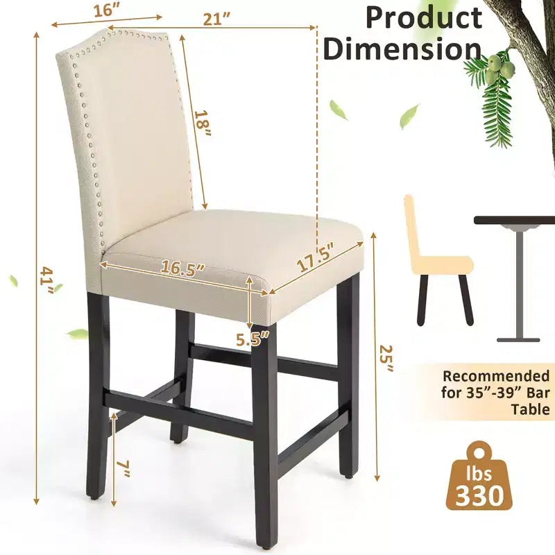 Costway Set di 2 Sgabelli da Bar Imbottiti Sedie Altezza Bancone 63,5 cm con Gambe in Legno di Gomma Grigio/Beige