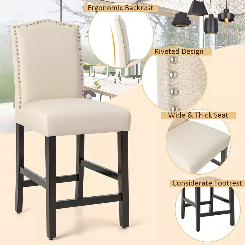 Costway Set di 2 Sgabelli da Bar Imbottiti Sedie Altezza Bancone 63,5 cm con Gambe in Legno di Gomma Grigio/Beige