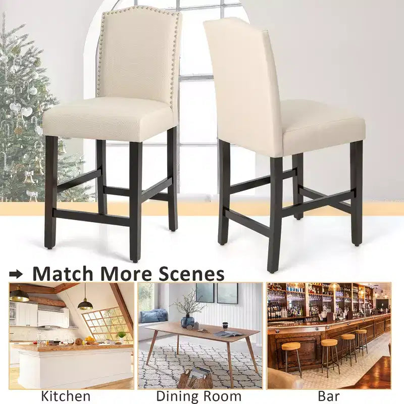 Costway Set di 2 Sgabelli da Bar Imbottiti Sedie Altezza Bancone 63,5 cm con Gambe in Legno di Gomma Grigio/Beige