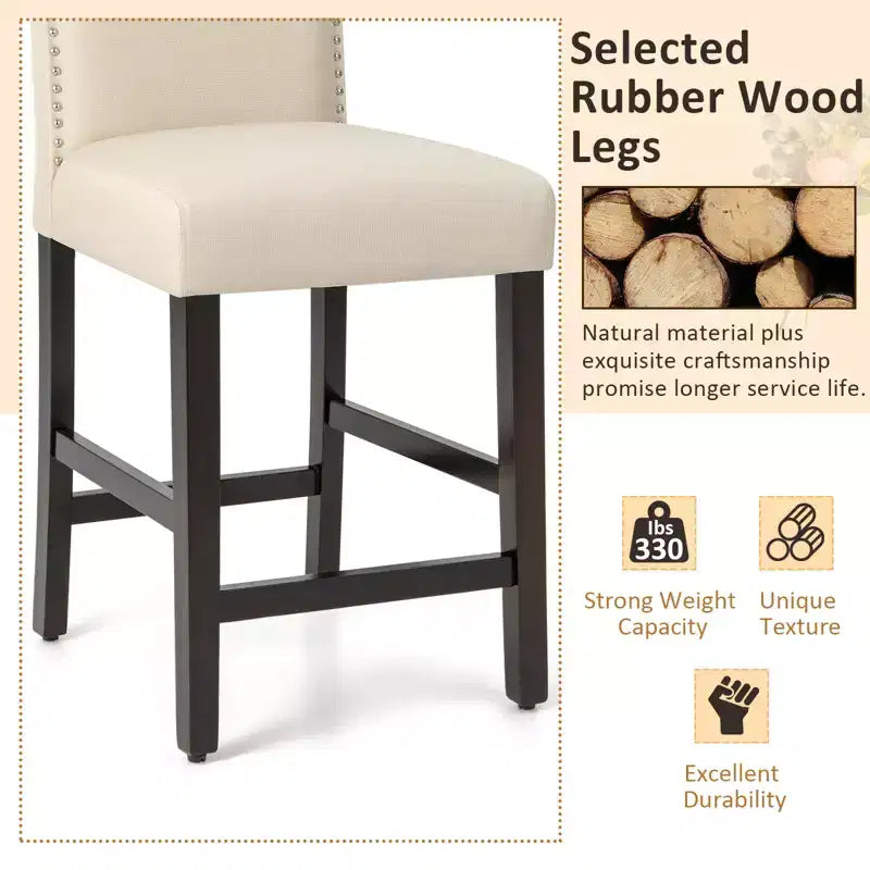 Costway Set di 2 Sgabelli da Bar Imbottiti Sedie Altezza Bancone 63,5 cm con Gambe in Legno di Gomma Grigio/Beige