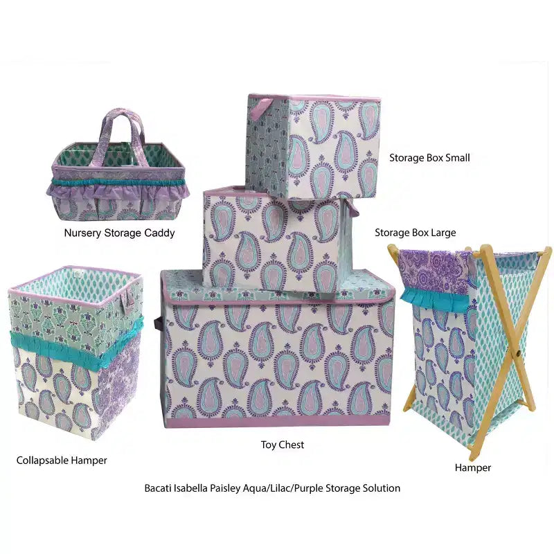 Bacati - Cesto portabiancheria pieghevole Isabella Paisley Aqua/Lilla/Viola
