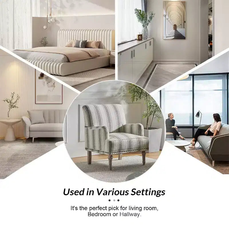 Poltrona da camera Venere in legno e tessuto con borchie e design a righe unico | ART OF LIVING DESIGNS