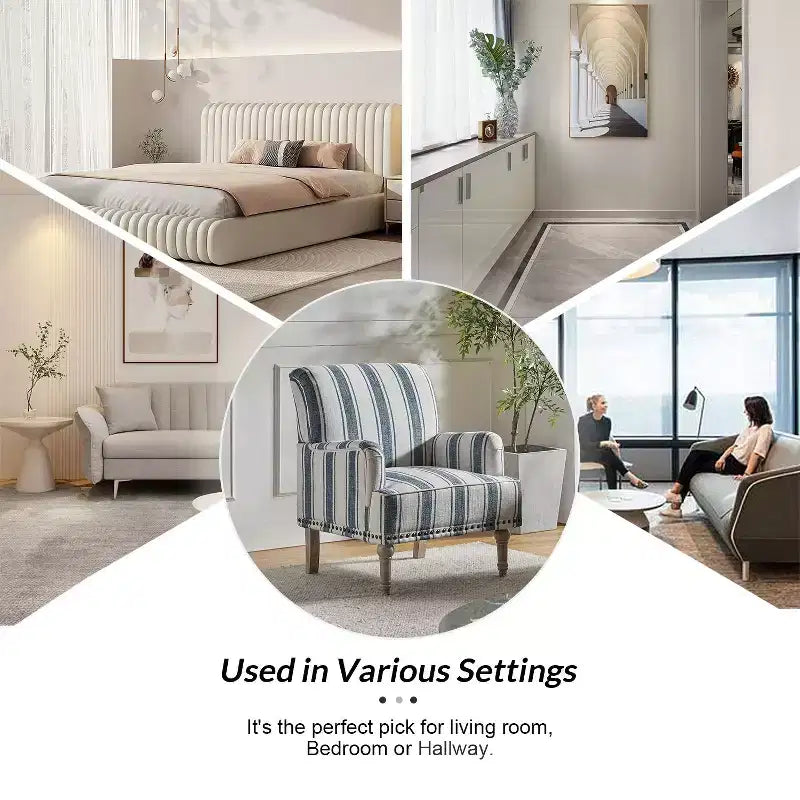 Poltrona da camera Venere in legno e tessuto con borchie e design a righe unico | ART OF LIVING DESIGNS