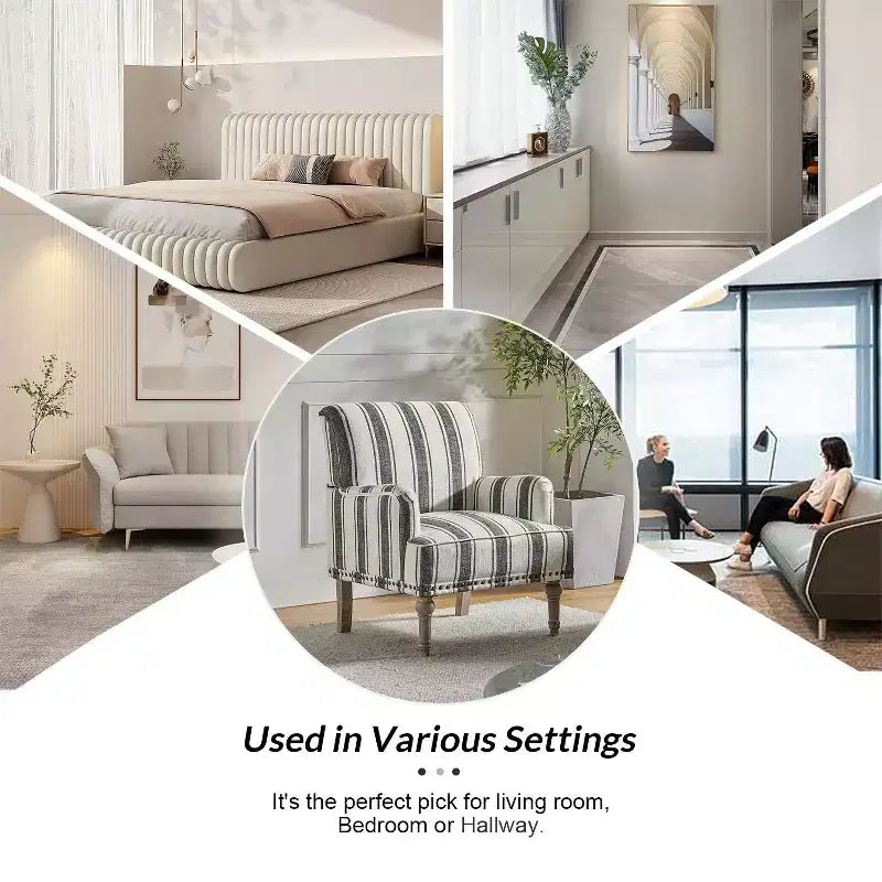 Poltrona da camera Venere in legno e tessuto con borchie e design a righe unico | ART OF LIVING DESIGNS