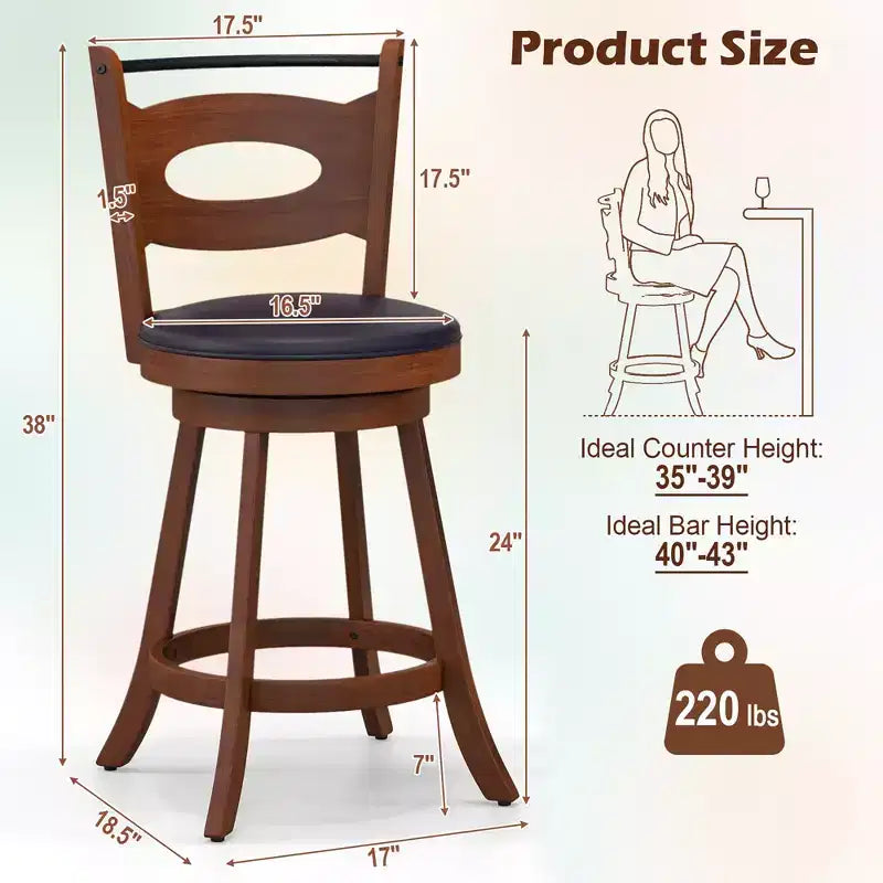 Costway Set di 2 Sgabelli da Bar Girevoli a 360° con Seduta Imbottita in Pelle e Struttura in Legno Massiccio, Altezza Bancone