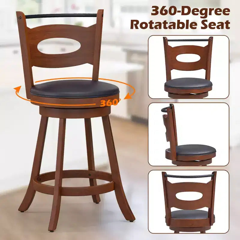 Costway Set di 2 Sgabelli da Bar Girevoli a 360° con Seduta Imbottita in Pelle e Struttura in Legno Massiccio, Altezza Bancone