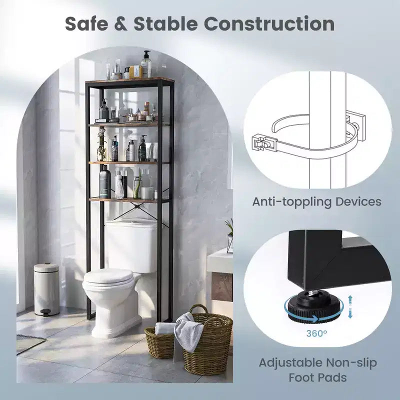 Costway Scaffale per WC a 4 Ripiani, Mobiletto Bagno Salvaspazio, Marrone Rustico