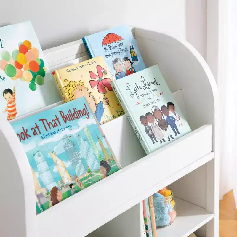Libreria e contenitore Jr. di Martha Stewart Kids: Scaffale per bambini, Contenitore giocattoli con espositore libri e contenitori in tessuto