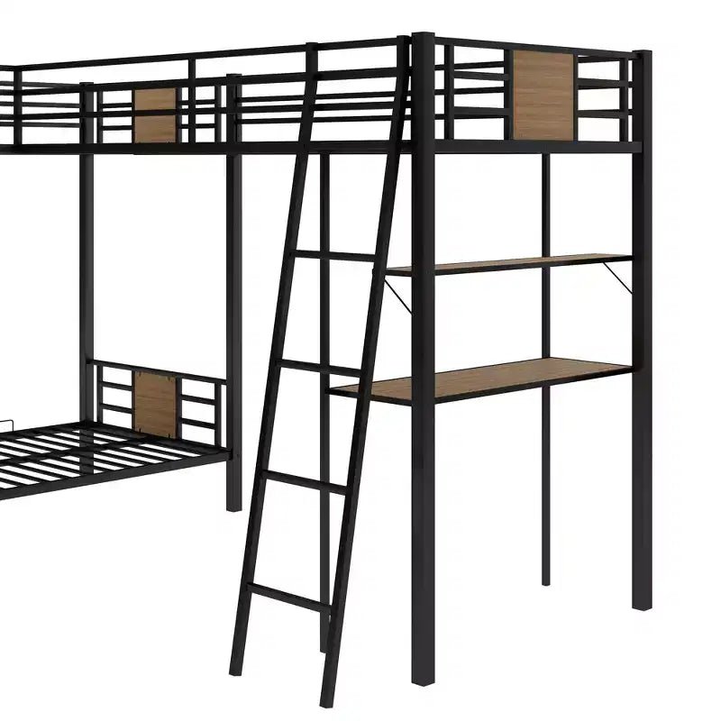 Letto a castello a L con due letti singoli, letto a soppalco singolo con scrivania e mensola, marrone - ModernLuxe