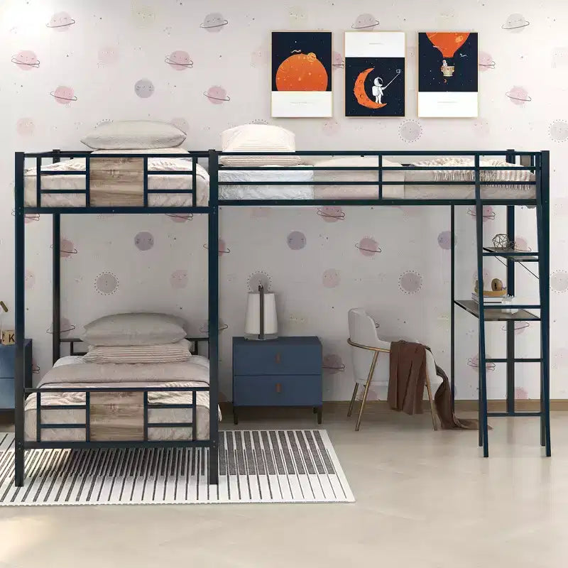 Letto a castello a L con due letti singoli, letto a soppalco singolo con scrivania e mensola, marrone - ModernLuxe