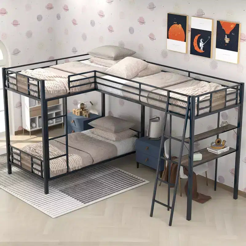Letto a castello a L con due letti singoli, letto a soppalco singolo con scrivania e mensola, marrone - ModernLuxe