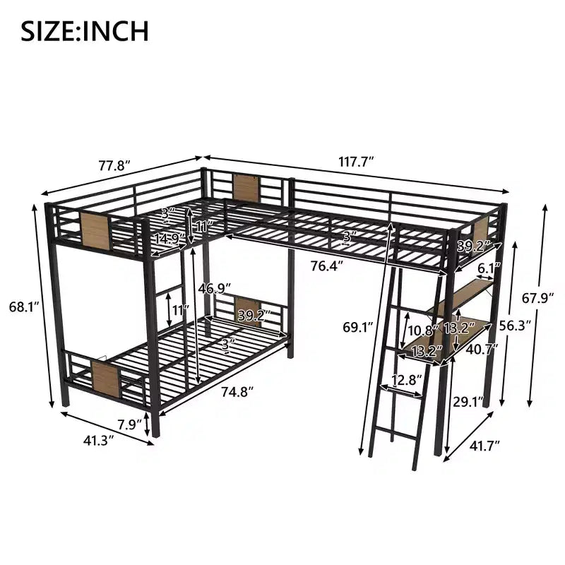 Letto a castello a L con due letti singoli, letto a soppalco singolo con scrivania e mensola, marrone - ModernLuxe