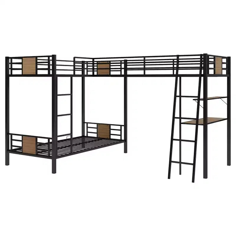 Letto a castello a L con due letti singoli, letto a soppalco singolo con scrivania e mensola, marrone - ModernLuxe