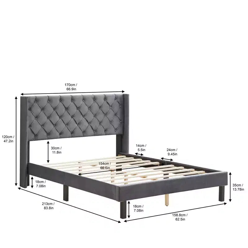 Letto a piattaforma imbottito in velluto con bottoni, misura Queen, grigio - ModernLuxe
