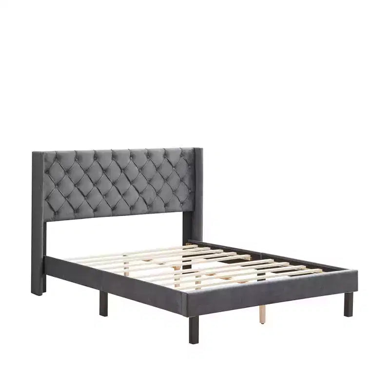 Letto a piattaforma imbottito in velluto con bottoni, misura Queen, grigio - ModernLuxe