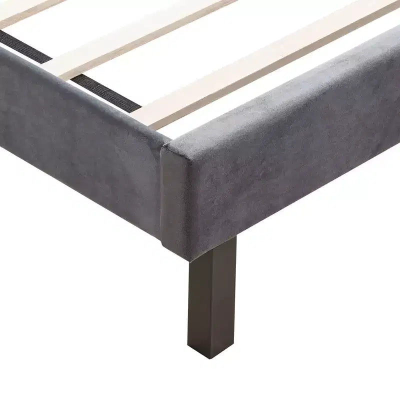 Letto a piattaforma imbottito in velluto con bottoni, misura Queen, grigio - ModernLuxe