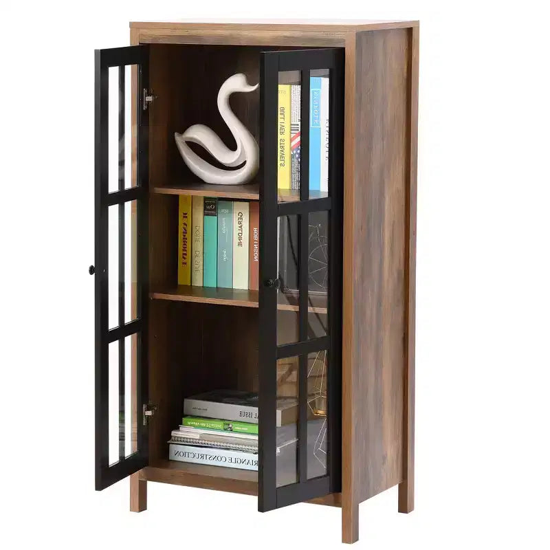 LuxenHome 47.2 Mobile Dispensa da Fattoria con Ante in Vetro, Armadio Alto per Dispensa, Vetrina Espositiva Marrone, Nero