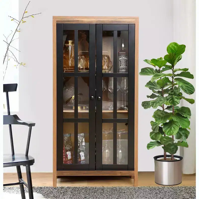 LuxenHome 47.2 Mobile Dispensa da Fattoria con Ante in Vetro, Armadio Alto per Dispensa, Vetrina Espositiva Marrone, Nero