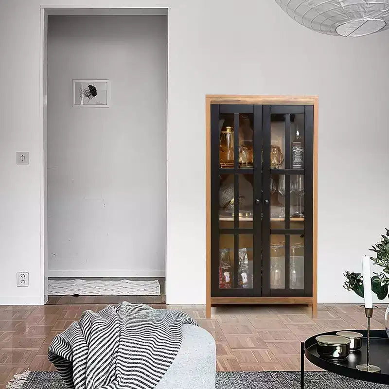 LuxenHome 47.2 Mobile Dispensa da Fattoria con Ante in Vetro, Armadio Alto per Dispensa, Vetrina Espositiva Marrone, Nero