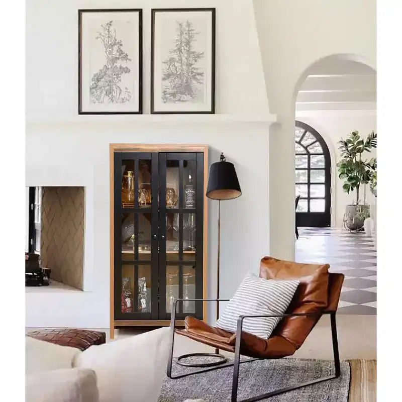 LuxenHome 47.2 Mobile Dispensa da Fattoria con Ante in Vetro, Armadio Alto per Dispensa, Vetrina Espositiva Marrone, Nero