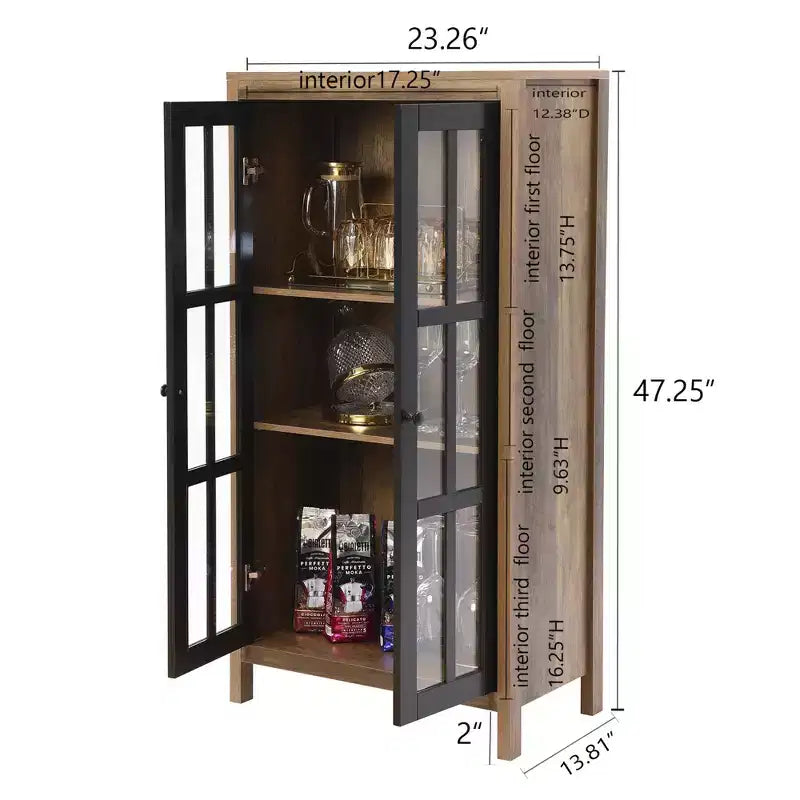 LuxenHome 47.2 Mobile Dispensa da Fattoria con Ante in Vetro, Armadio Alto per Dispensa, Vetrina Espositiva Marrone, Nero