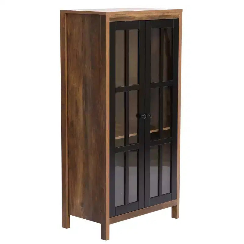 LuxenHome 47.2 Mobile Dispensa da Fattoria con Ante in Vetro, Armadio Alto per Dispensa, Vetrina Espositiva Marrone, Nero