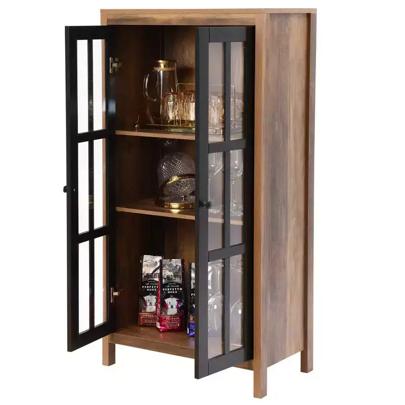 LuxenHome 47.2 Mobile Dispensa da Fattoria con Ante in Vetro, Armadio Alto per Dispensa, Vetrina Espositiva Marrone, Nero
