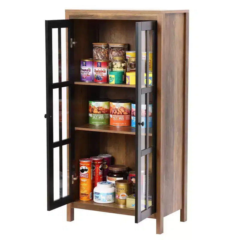 LuxenHome 47.2 Mobile Dispensa da Fattoria con Ante in Vetro, Armadio Alto per Dispensa, Vetrina Espositiva Marrone, Nero