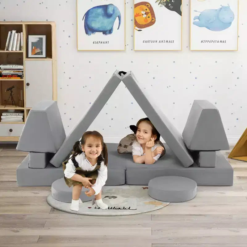 Costway Set Divano da Gioco per Bambini 10 Pezzi Divano Pieghevole Modulare Convertibile in Schiuma Set da Gioco per Bambini Blu/Grigio/Verde