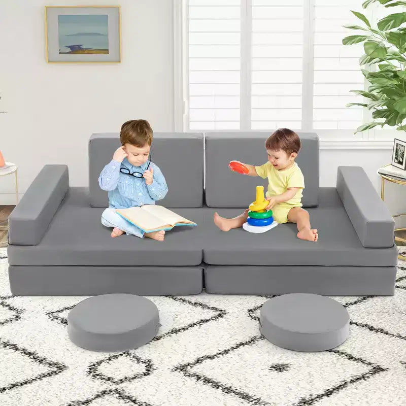 Costway Set Divano da Gioco per Bambini 10 Pezzi Divano Pieghevole Modulare Convertibile in Schiuma Set da Gioco per Bambini Blu/Grigio/Verde