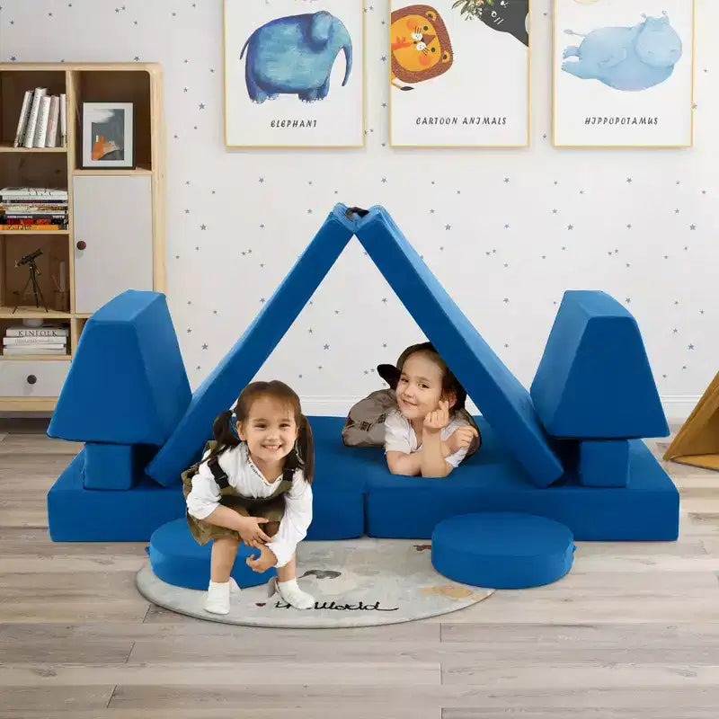 Costway Set Divano da Gioco per Bambini 10 Pezzi Divano Pieghevole Modulare Convertibile in Schiuma Set da Gioco per Bambini Blu/Grigio/Verde