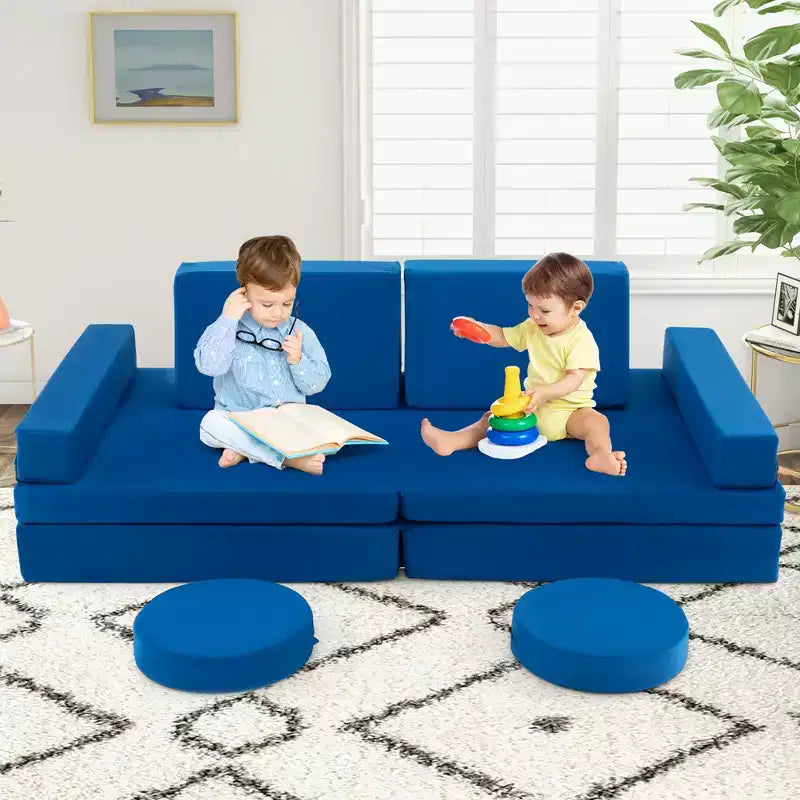 Costway Set Divano da Gioco per Bambini 10 Pezzi Divano Pieghevole Modulare Convertibile in Schiuma Set da Gioco per Bambini Blu/Grigio/Verde
