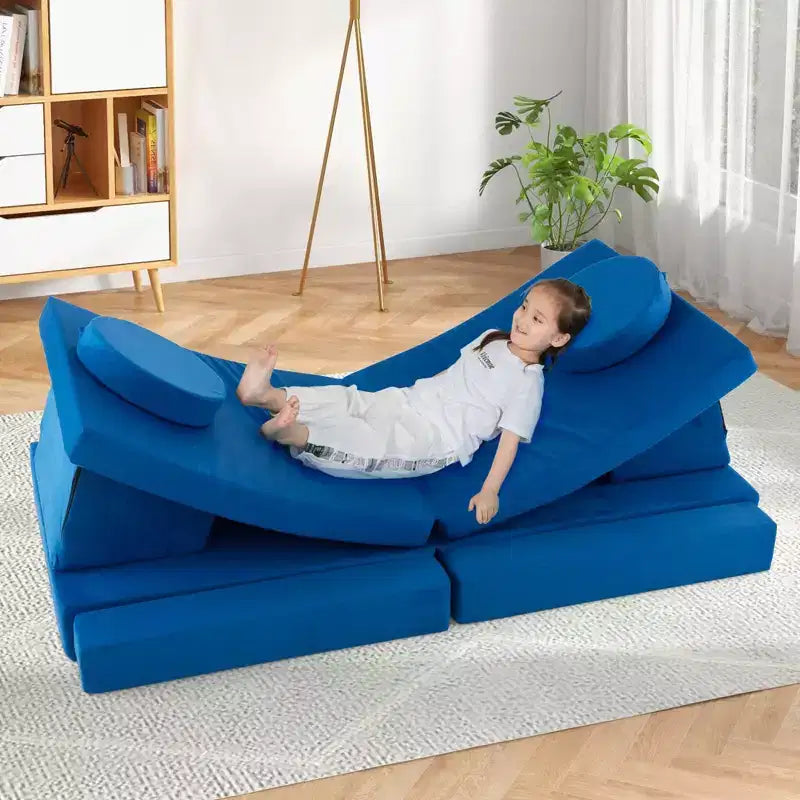 Costway Set Divano da Gioco per Bambini 10 Pezzi Divano Pieghevole Modulare Convertibile in Schiuma Set da Gioco per Bambini Blu/Grigio/Verde