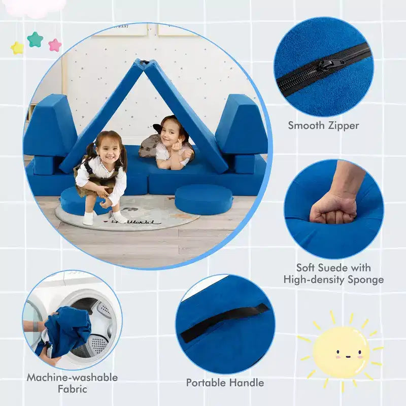 Costway Set Divano da Gioco per Bambini 10 Pezzi Divano Pieghevole Modulare Convertibile in Schiuma Set da Gioco per Bambini Blu/Grigio/Verde