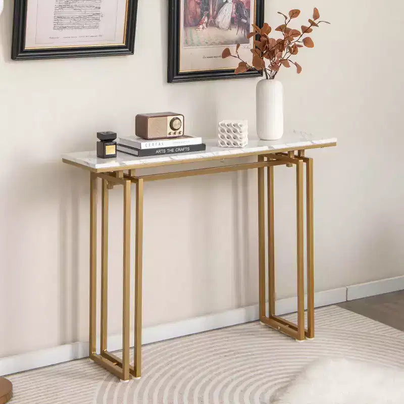 Costway Consolle da 43,5'' con Finto Marmo, Tavolo da Ingresso/Divano con Gambe in Metallo, Soggiorno Nero/Oro