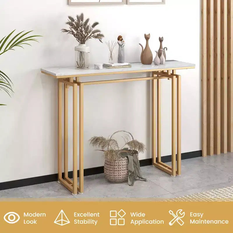 Costway Consolle da 43,5'' con Finto Marmo, Tavolo da Ingresso/Divano con Gambe in Metallo, Soggiorno Nero/Oro