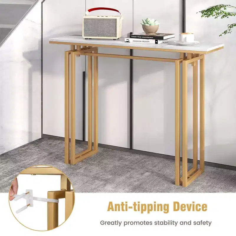 Costway Consolle da 43,5'' con Finto Marmo, Tavolo da Ingresso/Divano con Gambe in Metallo, Soggiorno Nero/Oro