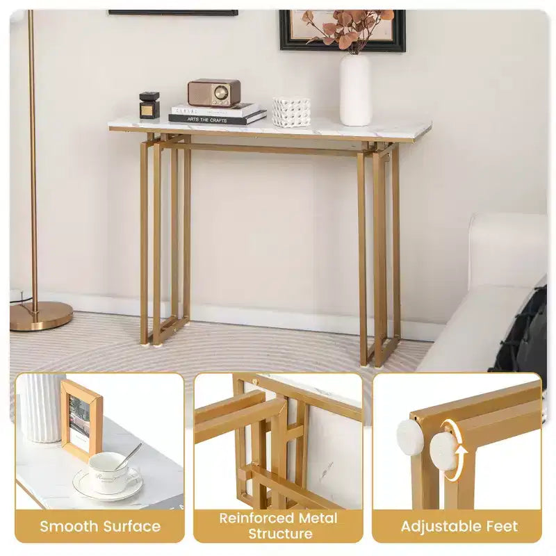 Costway Consolle da 43,5'' con Finto Marmo, Tavolo da Ingresso/Divano con Gambe in Metallo, Soggiorno Nero/Oro
